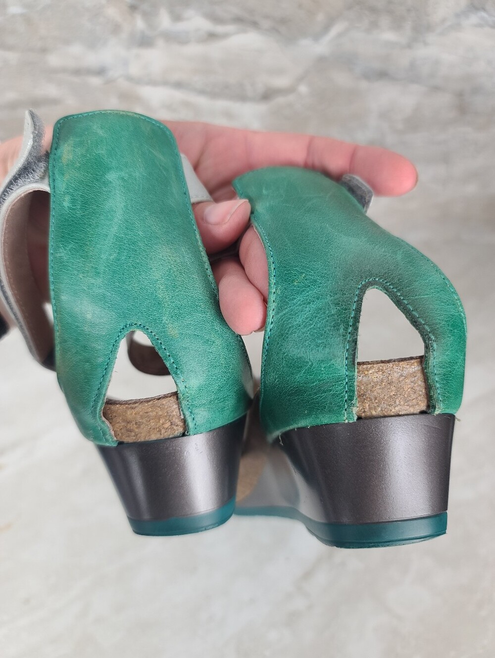 Naot PIXIE Blue Green Silver Pewter Colorblock Leather Wedge Sandals 9 - Picture 10 of 14